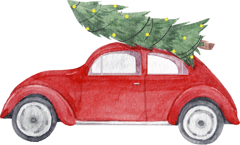 Red car with christmas tree, christmas watercolor illustration